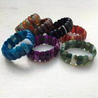 Natural agat Hip hop jewelry multiple color striped beads elastic Mens Ms Bracelet 7.5