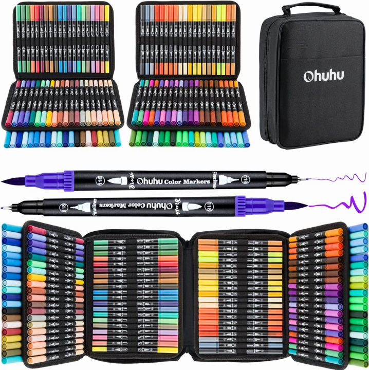 Ohuhu 100 Colors Art Markers Set, Dual Tips Coloring Brush Fineliner Color  Marker Pens, Water Based Marker for Calligraphy Drawing Sketching Coloring  Bullet Journal