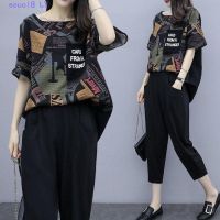 COD DSFGERRTYTRRE 【Set】Plus Size Women Suit Summer Printed Short-sleeved Blouse Tops Slim Pants Casual Two-piece Suit