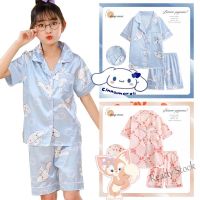 【Ready Stock】 ☏▨ C22 Pyjamas Kids Girls Clothing Sanrio Kuromi Cinnamoroll Children Sleepwear Short Sleeve Satin Silk Pyjamas Kids baju budak perempuan set