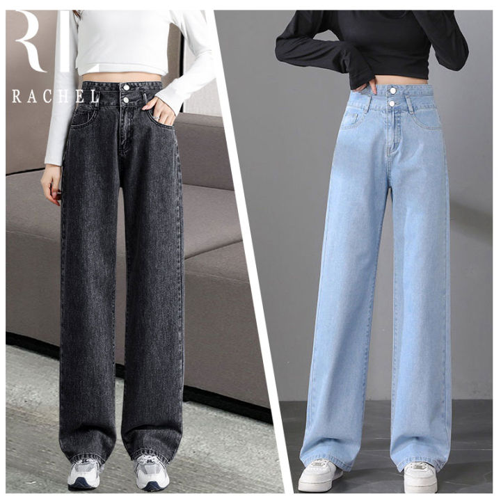 แฟชั่นกางเกงยีนส์-เอวสูงขากว้าง-กระเป๋าด้านหน้า-กางเกงยีนส์ขายาวผู้หญิง-กางเกงยีนส์ขายาว