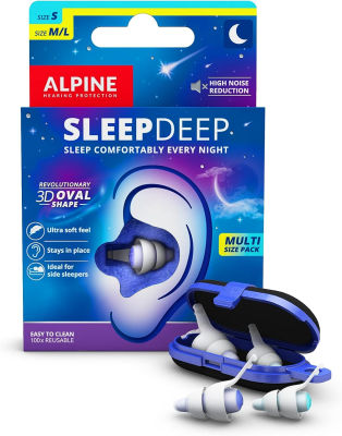 Alpine Hearing Protection Alpine SleepDeep Multisize - Soft Ear Plugs for Sleeping and Concentration - New 3D Oval Shape and Noise Reducing Gel for Better Attenuation - 27dB - Ideal for Side Sleeper - 2-Pair Reusable: S + M/L