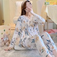 ；【‘；- Long Sleeve Pajamas Set Lace Edge Sleepwear 2Pcs Shirt Pant Sleep Suit Square Collar Printing Bow Night Wear Home Clothing