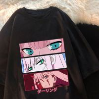 【HOT】ผู้หญิง T เสื้อฮิปฮอปดำ Streetwear Tshirt อะนิเมะ Darling In The Franxx Zero สอง Eye Harajuku ฤดูร้อนขนาดใหญ่เสื้อยืดท็อปแบบตัวสั้น100%cotton