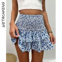 【LZ】✁✎✴  Babados femininos Fissaia Floral Estampada Praia Boho Plissada Cintura Alta Linha A Curta Elegante Doce Roupas de verão Azul