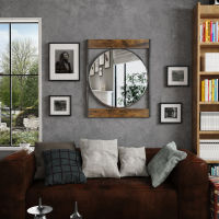 ARTLOGE กระจกตกแต่งผนัง กระจก สีเงิน กระจกติดผนัง กระจกห้องน้ำ ติดผนัง Decorative Silver Wall Mirror Industrial Retro Create Designed 57cm Round Wall Mirror with Square Wood Metal Frame 63x76cm