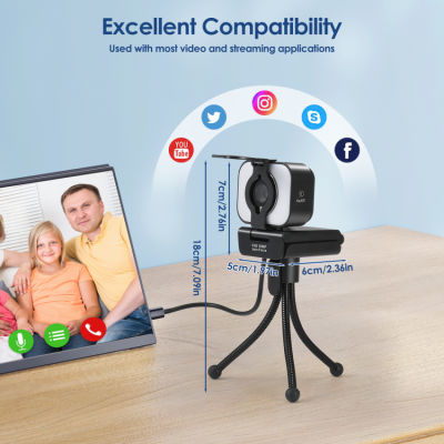 1080P Webcam, USB Webcam with Microphone for PC, Streaming Webcam with Light, Autofocus Webcam for Tiktok Youtube Skype Live Video Conference, PC Webcam with Privacy Cover and Tripod