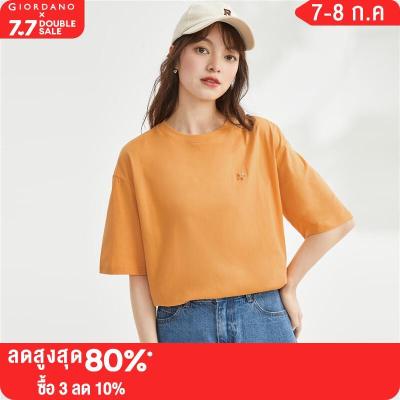 GIORDANO Women T-Shirts Drop Shoulder Loose Design 100% Cotton T-Shirts Embroidery Short Sleeve Casual Simple T-Shirts 05322384