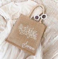 Personalized Beach Bags for Girls Flower Girl Tote Bag Bridesmaid Bag Floral Burlap Tote Jute Tote Teen Girl Gift Bag Junior Bag