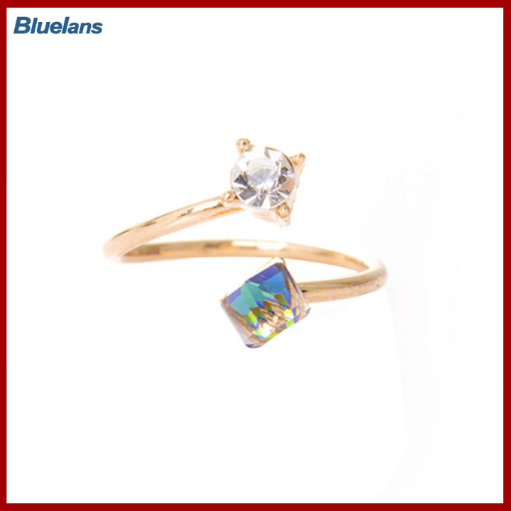 Bluelans®แหวนหมั้นนิ้วปรับได้แหวนป้องกันการจางหายพลอยเทียมหลากสีโลหะผสม