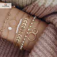 yuanhe 6ชิ้น/เซ็ต Boho Bracelet ชุดสตรีพู่ใบไม้สร้อยข้อมือวงกลม