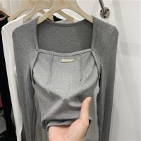 [COD] Design sense square collar exposed collarbone long-sleeved womens spring new style western elastic self-cultivation bottoming trendy