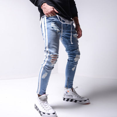 2021Skinny ripped jeans men Pants Pencil Biker Side Striped Jeans Destroyed Hole Hip Hop Slim Fit Man Stretchy Jean Print