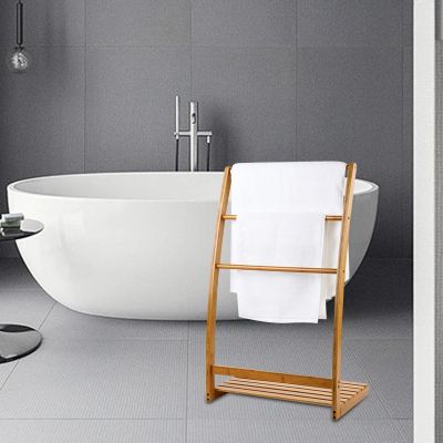 ◊ Rustykalny bambusowy ręcznik łazienkowy uchwyt na stojąca suszarka 3-poziomowy wolnostojący wieszak na ręczniki do twarzy