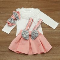 【CW】 New Fashion Newborn Clothes Set Casual Toddler Kids Girls Lace Tops Sequin Strap Skirt Headband Outfits Set 3Pcs Clothes