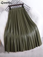 【CC】 Qooth Faux Leather Pleated Skirt Elastic Waist A-line QT1907