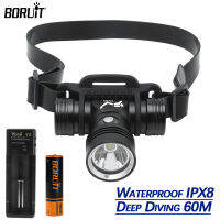 BORUiT B14ดำน้ำไฟหน้า18650ที่มีประสิทธิภาพไฟหน้าดำน้ำลึก60เมตร LED ดำน้ำไฟหน้ากันน้ำ IPX8โคมไฟตั้งแคมป์ไฟ