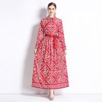 Womens Dress: New Fashion  Waist To Show Slim Positioning Print Red Maxi Dress