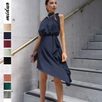 [COD] European and fashion high-quality satin strap irregular hanging neck dress party sister evening