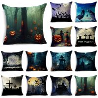 Halloween Scary Night Dark Castle Graveyard Pumpkin Linen Throw Pillowcase Decorative Cushion Cover For Sofa Living Room Party