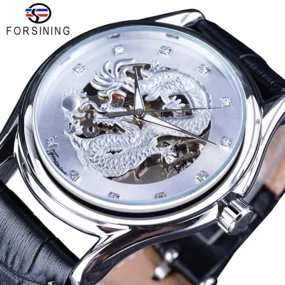 นาฬิกาข้อมือนาฬิกา Forsining แบรนด์หรูของบุรุษอัตโนมัติสีขาวลายมังกรจีนสายหนังแท้สีดำ