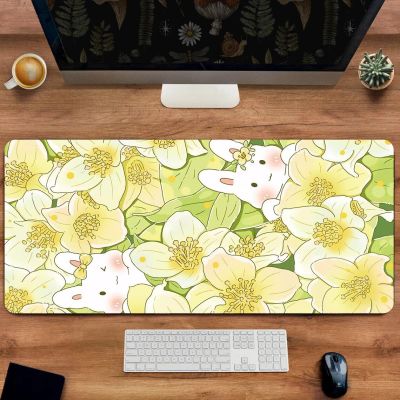 Deskmats Kawaii Light Yellow Cute Rabit Flower Lofi Cartoon Aesthetics Mousepad Table Decoration Laptop Pc Accessories Mouse Pad