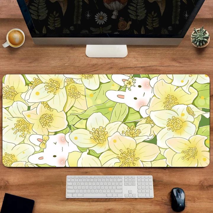 deskmats-kawaii-light-yellow-cute-rabit-flower-lofi-cartoon-aesthetics-mousepad-table-decoration-laptop-pc-accessories-mouse-pad