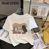 PEAR DODO เสื้อยืดแขนสั้นสำหรับผู้หญิง,พิมพ์รอบคอการ์ตูนสัตว์สุดสร้างสรรค์สไตล์เกาหลี