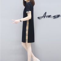 Summer Slimming Plaid Mid-length Black Plus Size Dress 2020 Women Long T-shirt Loose Casual Plus Size POLO Collar Dress