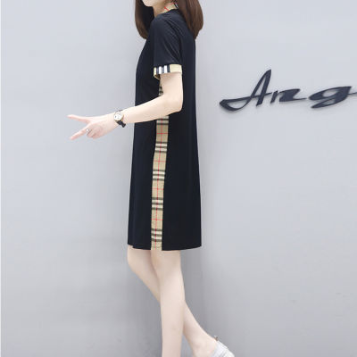 Summer Slimming Plaid Mid-length Black Plus Size Dress  Women Long T-shirt Loose Casual Plus Size POLO Collar Dress