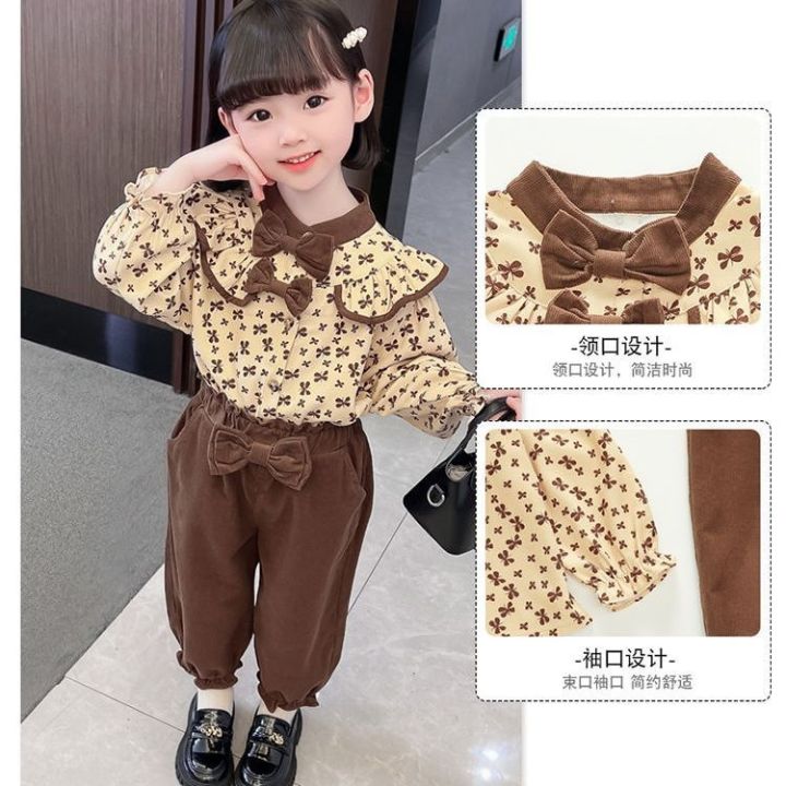 baby-girl-autumn-female-floral-fashion-brim-two-piece-han-edition-childrens-recreational-fashionable-brown-suit