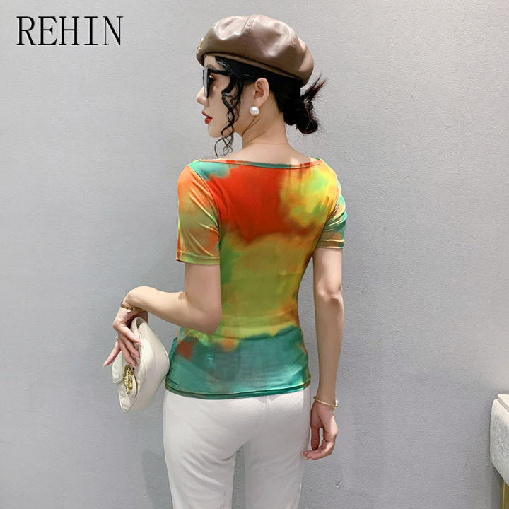 rehin-เสื้อผู้หญิงไม่เหมือนใครแฟชั่นใหม่ฤดูร้อนเสื้อยืดแขนสั้นพิมพ์ลายหมึกสีสันสดใส