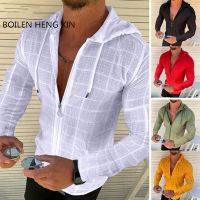 Fashion Beach Sunscreen Long Sleeved Hoodie Zipper Shirt Men Clothing Summer Solid Color Casual Plaid S-5XL