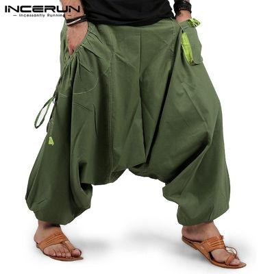 INCERUNกางเกงฮาเร็มผู้ชาย,กางเกงลำลองขายาวสำหรับเล่นโยคะทรงหลวมหลายกระเป๋า