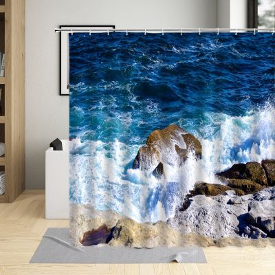Sea Scenery Shower Curtain Island Stone Mountain Waterfall Landscape Pattern Bathroom Decor Polyester Cloth Hanging Curtain Sets