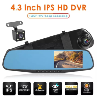 Full 1080P ในรถ DVR Dash Cam 170เลนส์มุมกว้างเครื่องบันทึกวิดีโอ4.3 กระจกมองหลัง DashCam ด้านหน้าและด้านหลัง Cam Driving Recorder