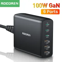 Rocoren 100W GaN Charger 6 Ports USB Type C PD Fast Charger Quick Charge 4.0 3.0 USB Desktop Charger For iPhone 14 13 Pro Xiaomi