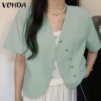 (จัดส่งฟรี)Fancystyle VONDA ชุดกระดุมแขนสั้นคอวีผู้หญิง,เสื้อโค้ทสีทึบอเนกประสงค์แฟชั่น