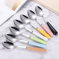 2pcs Ceramic Handle Stainless Steel Fruit Scraping Spoon Baby Fruit Complementary Food Tool Children Tableware Kitchen Supplies Serving Utensils