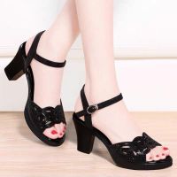 Comemore 2023 Thick Medium Heel Sandals Womens Summer Peep Toe Shoes Rhinestone High Heels Black Elderly Ladies Shoe Women 40