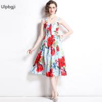 Summer Fashion Runway Floral Print Vacation Dress Womens Sleeveless Tank Boho Beach Elegant Party Pleated vestido longo