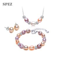 Fashion 925 Sterling Silver Pearl Jewelry Sets Natural Freshwater Pearl Diamond Necklace Chain Bracelet Stud Earrings For Women