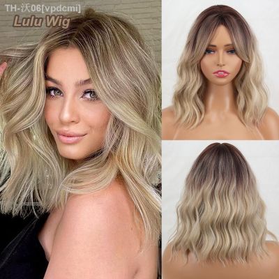 Brown Ombre Blonde Synthetic Bangs Wig Women Ash Blonde Long Natural Wavy Hair Wig Daily Cosplay Use Heat Resistant [ Hot sell ] vpdcmi