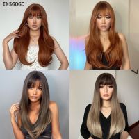 INSGOGO Long Straight Synthetics Wigs With Bangs For Women Grey Brown Omber Natural Looking Cosplay Heat Resistant Hair