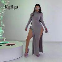 KGFIGU 2021 Autumn New Arrival Party Dresses For Women Sexy Side Split Bodycon Holiday Clothing Lady Soft Gray Birthday Vestidos