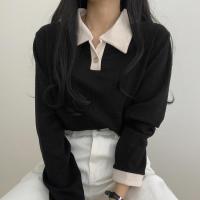 เสื้อยืดแขนยาวผู้หญิงใหม่รุ่นเกาหลี Aki20ใหม่เสื้อทรงหลวมสีบล็อกลายทางสีเสื้อโปโลแฟชั่น