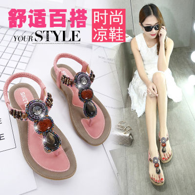 TOP☆36-42 Beaded Sandals for Women Elastic Band Flat Heel Casual Ladies Sandal Comfy Upper Fahsion Supper Soft Insole Womens Shoes On Sale
