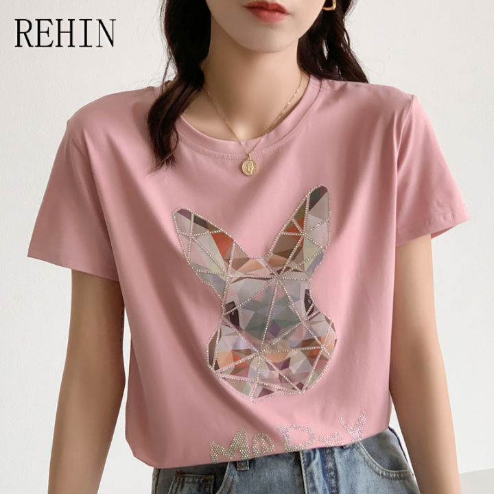 rehin-เสื้อยืดแขนลำลองขาสั้นทรงหลวมผู้หญิง-แฟชั่นสไตล์เกาหลีแบบใหม่กระต่ายคอกลมเพชรใส่ได้หลายโอกาสฤดูร้อน