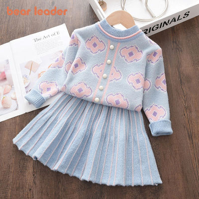 Bear Leader Floral Girls Baby Knitted Clothes Sets Fashion Winter Sweaters Tops Ruffles Skirt Outfits Beading Children Clothes Suit fw1