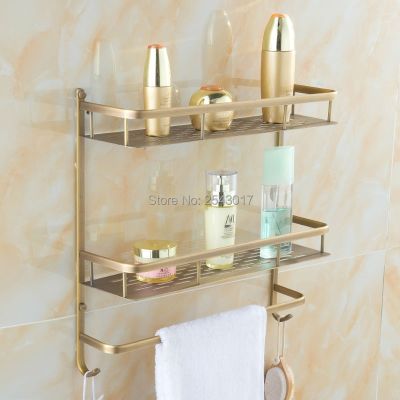 ▩◕☈ Copper Brass High Quality European Classic Basket Shelf with Towel Rack Double Layer Multifunctional Bathroom Accessories ZR2518
